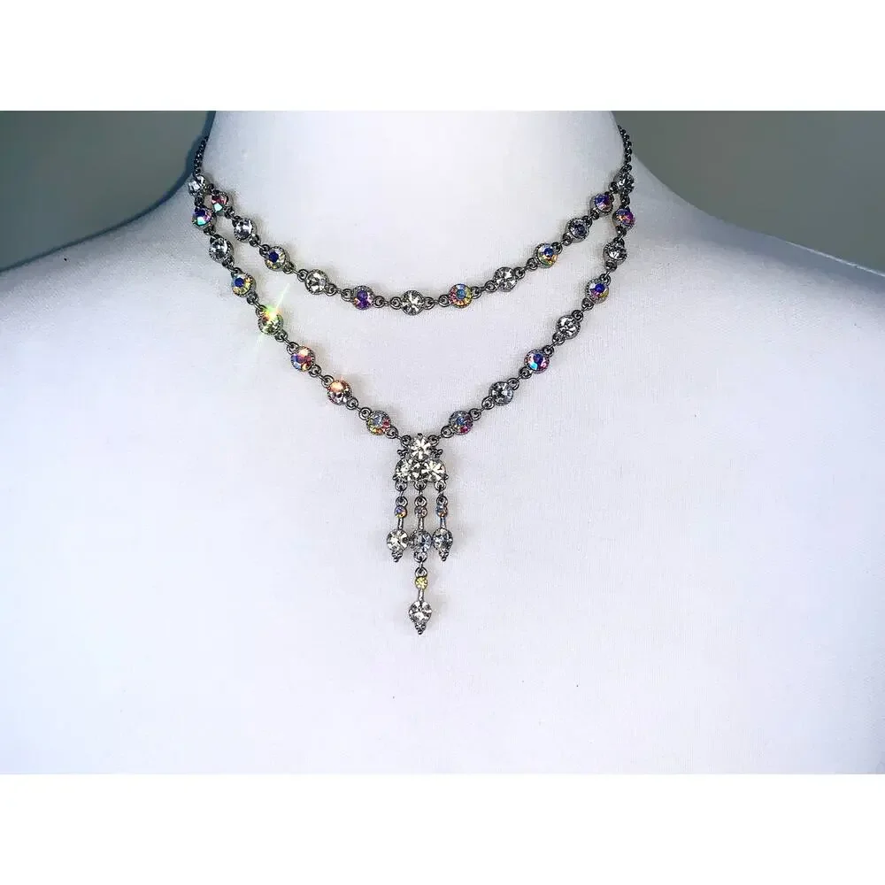 Vintage Silver Double Strand Clear Prism Crystal Drop Statement Necklace